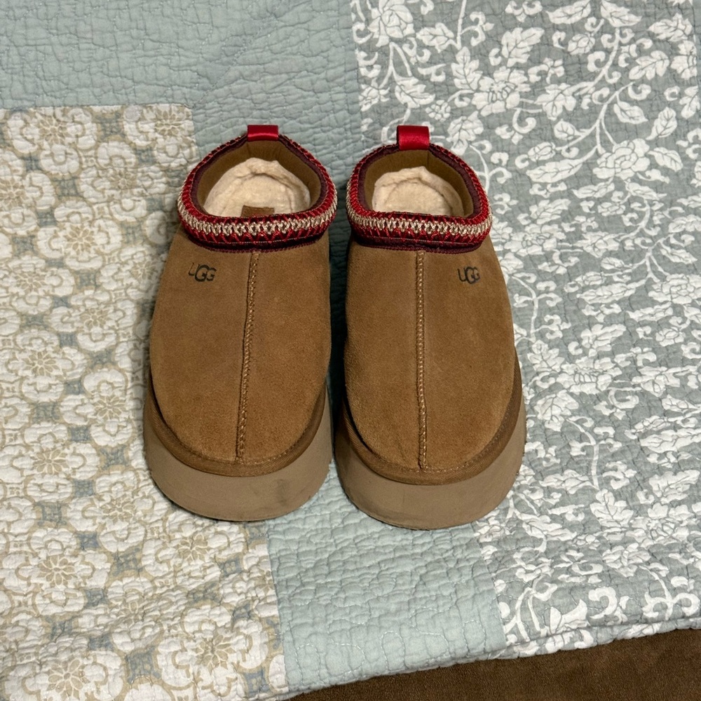 UGG Tan Suede Slip-On Shoes with Red Trim